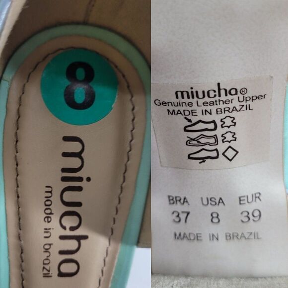 Miucha‎ Leather Heels 8 Mint Tan Retro D'Orsay Peep Toe Bow Block Heel Brazil - Picture 4 of 11